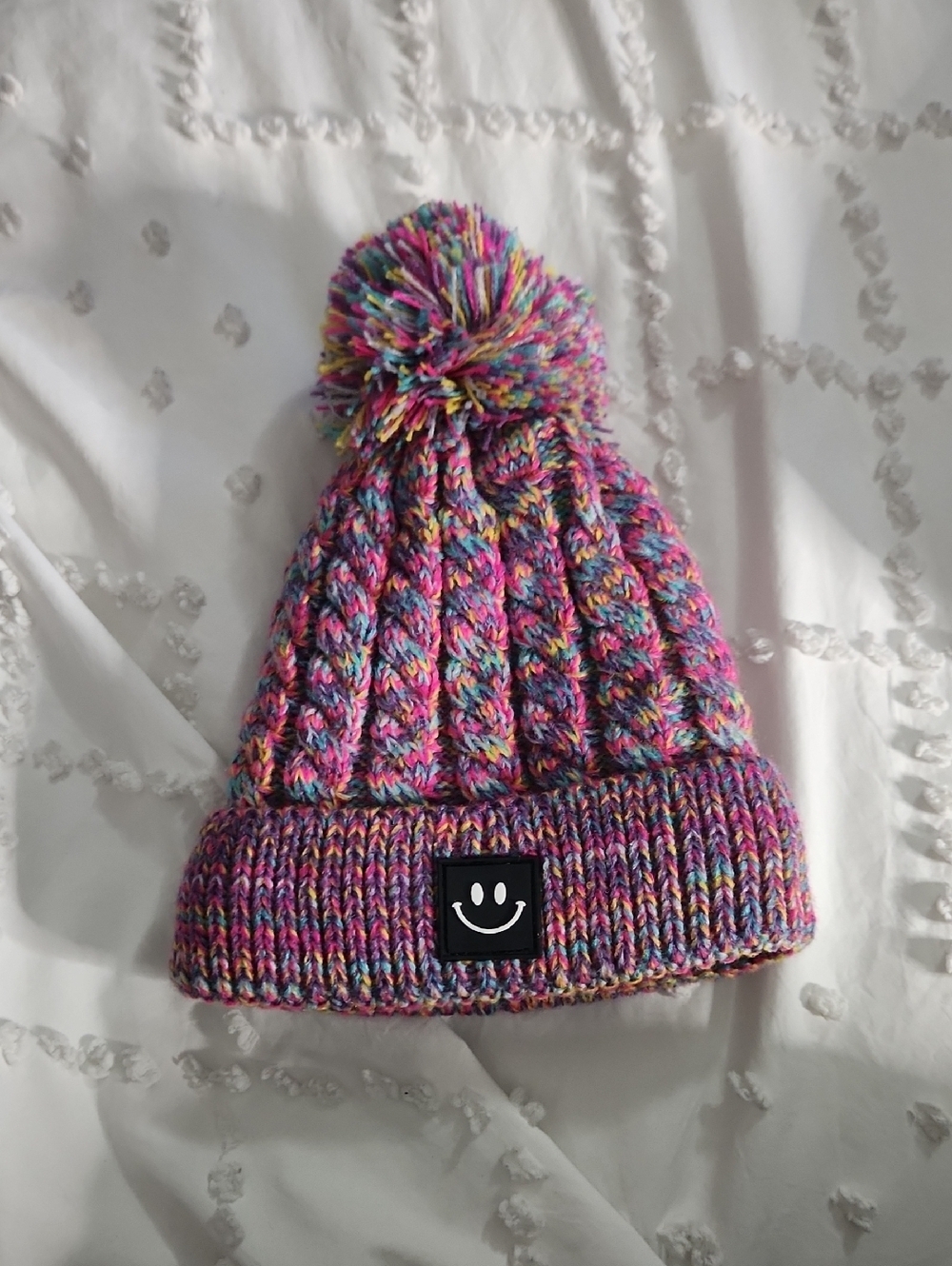 Kids Multicolor Pom Pom Beanie Hat with Smile Patch